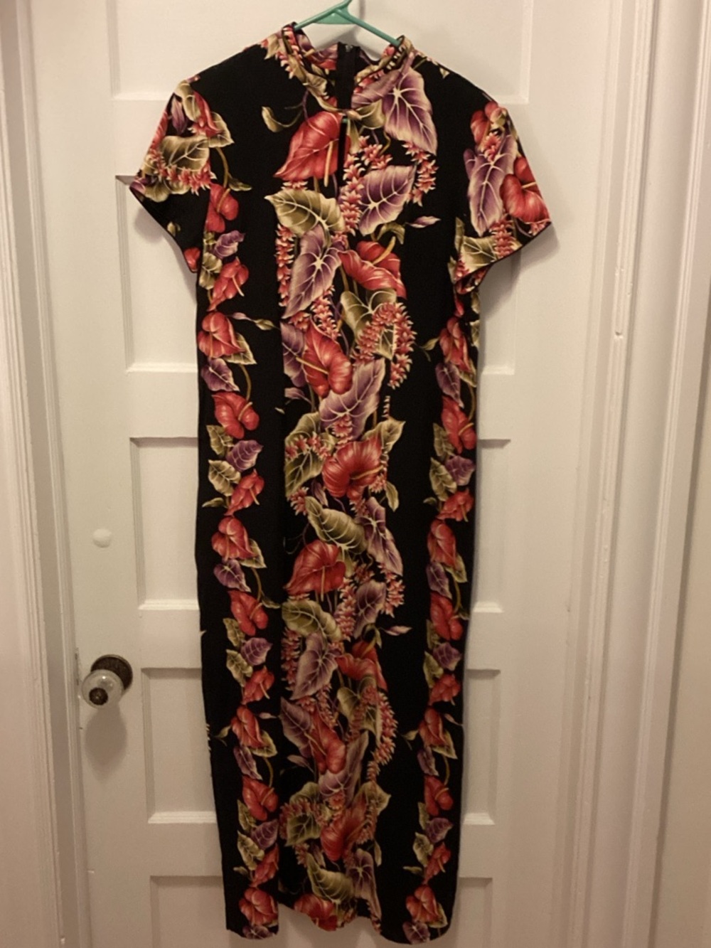Black Floral Maxi Dress with Red & Green Leaf Print